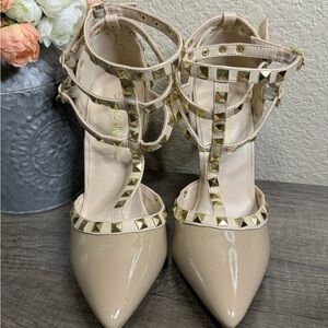 Women’s Tan Gold Rivet Studded Pointed Toe Heel Shoes Pumps Party Wedding Size 7